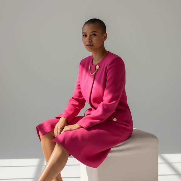 Vintage 1980s Depeche Mode Hot Pink Sheath Dress Gold Button Chain Front Size 10 - Picture 2 of 10